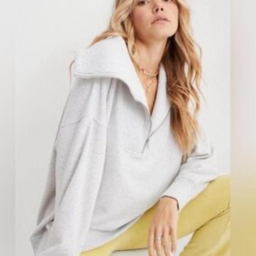 aerie L Down To Earth Quarter Zip Sweatshirt Overisized Gray Relaxed Fit Cozy